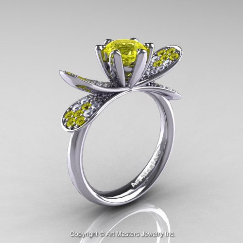 14K White Gold 1.0 Ct Yellow Sapphire Diamond Nature Inspired Engagement Ring Wedding Ring R671-14KWGDYS-1