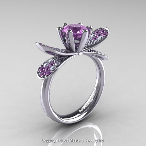 14K White Gold 1.0 Ct Lilac Amethyst Diamond Nature Inspired Engagement Ring Wedding Ring R671-14KWGDLAM-1