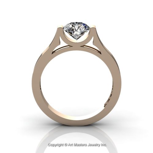 Modern 14K Rose Gold Beautiful Wedding Ring or Engagement Ring for Women with 1.0 Ct White Sapphire Center Stone R665-14KRGWS-1