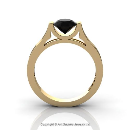 Modern 14K Yellow Gold Designer Wedding Ring or Engagement Ring for Women with 1.0 Ct Black Diamond Center Stone R665-14KYGBD-1