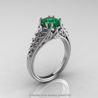 Classic French 14K White Gold 1.0 Ct Princess Emerald Diamond Lace Engagement Ring or Wedding Ring R175P-14KWGDEM-1
