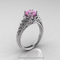 Classic French 14K White Gold 1.0 Ct Princess Light Pink Sapphire Diamond Lace Engagement Ring or Wedding Ring R175P-14KWGDLPS-1