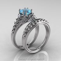 Classic French 14K White Gold 1.0 Ct Princess Aquamarine Diamond Lace Engagement Ring Wedding Band Set R175PS-14KWGDAQ-1