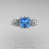 Classic French 14K White Gold 1.0 Ct Princess Blue Topaz Diamond Lace Engagement Ring Wedding Band Set R175PS-14KWGDBT-3