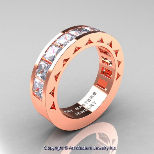 Mens Modern 14K Rose Gold Princess White Sapphire Channel Cluster Wedding Ring R274-14KRGWS-1