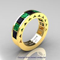 Mens Modern 14K Yellow Gold Princess Black Diamond Emerald Channel Cluster Wedding Ring R274-14KYGEMBD-1