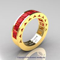 Mens Modern 14K Yellow Gold Princess Rubies Channel Cluster Wedding Ring R274-14KYGR-1