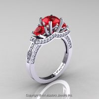 Exclusive French 14K White Gold Three Stone Rubies Diamond Engagement Ring Wedding Ring R182-14KWGDR-1