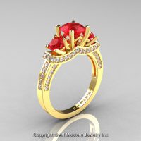 Exclusive French 18K Yellow Gold Three Stone Rubies Diamond Engagement Ring Wedding Ring R182-18KYGDR-1