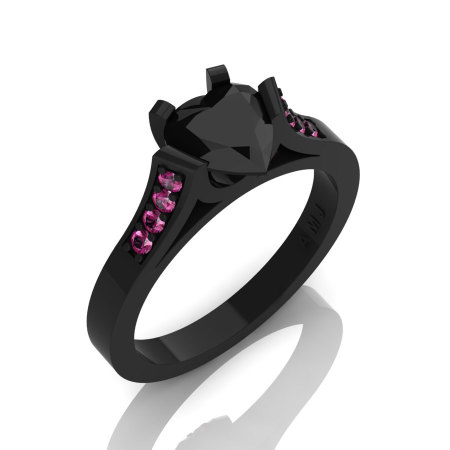 Gorgeous 14K Black Gold 1.0 Ct Heart Black Diamond Pink Sapphire Modern Wedding Ring Engagement Ring for Women R663-14KBGPSBD-1