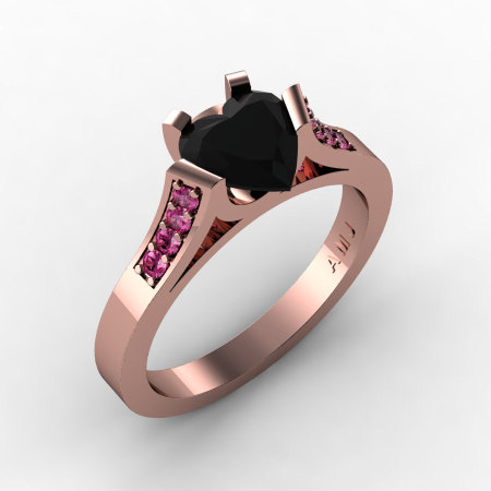 Gorgeous 14K Rose Gold 1.0 Ct Heart Black Diamond Pink Sapphire Modern Wedding Ring Engagement Ring for Women R663-14KRGPSBD-1
