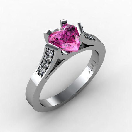 Gorgeous 14K White Gold 1.0 Ct Heart Pink Sapphire Diamond Modern Wedding Ring Engagement Ring for Women R663-14KWGDPS-1