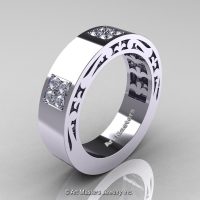 Mens Modern Vintage 14K White Gold Diamond Wedding Band R474M-14KWGD-1