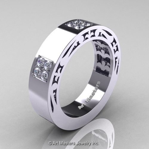 Mens Modern Vintage 14K White Gold Diamond Wedding Band R474M-14KWGD-1