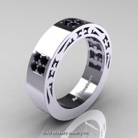 Mens Modern Vintage 14K White Gold Black Diamond Wedding Band R474M-14KWGBD-1