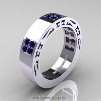 Mens Modern Vintage 14K White Gold Blue Sapphire Wedding Band R474M-14KWGBS-1