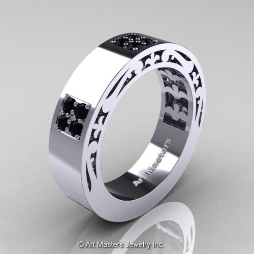 Mens Modern Vintage 14K White Gold Black Onyx Wedding Band R474M-14KWGBO-1