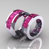Art Masters Modern 14K White Gold Pink Sapphire Channel Cluster Wedding Band Set R174RS-14WGPS-2