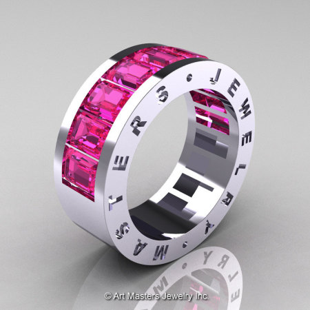 Mens Modern 14K White Gold Pink Sapphire Channel Cluster Wedding Band R174RM-14WGPS-1