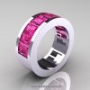 Mens Modern 14K White Gold Pink Sapphire Channel Cluster Wedding Band R174RM-14WGPS-2