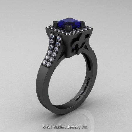 French 14K Matte Black Gold 1.0 Ct Princess Blue Sapphire Diamond Engagement Ring R215P-14KMBGDBS-1