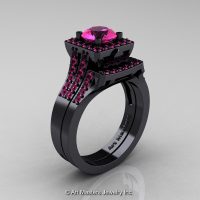 Art Masters French 14K Black Gold 1.0 Carat Pink Sapphire Engagement Ring Wedding Band Set R215S-14KBGPS-1