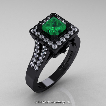 Art Masters French 14K Black Gold 1.0 Ct Emerald Diamond Engagement Ring R215-14KBGDEM-1