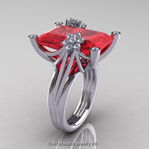Modern Bridal 10K White Gold Radiant Ruby Diamond Honeymoon Cocktail Ring R292-10KWGDR-1