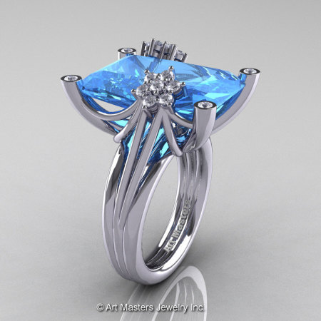 Modern Bridal 10K White Gold Radiant Blue Topaz Diamond Fantasy Cocktail Ring R292-10KWGDBT-1