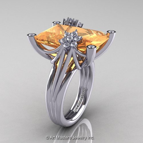 Modern Bridal 10K White Gold Radiant 15.0 Ct Peach Sapphire Diamond Honeymoon Cocktail Ring R292-10KWGDPES-1