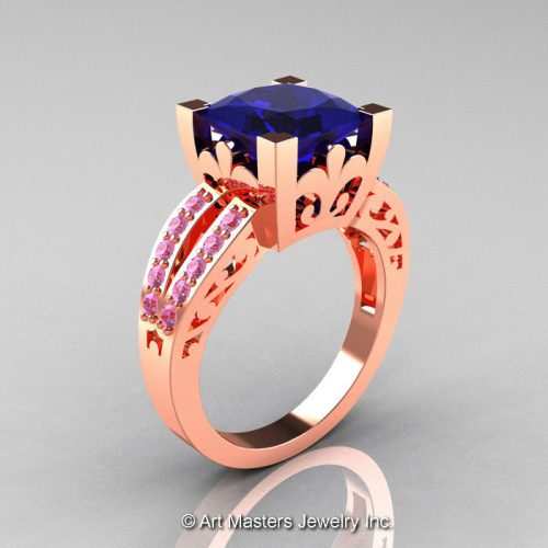 French 14K Rose Gold 3.8 Carat Princess Blue Light Pink Sapphire Blazer Solitaire Ring R222-14KRGLPSBS-1