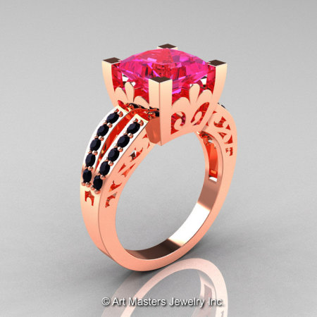 French 14K Rose Gold 3.8 Carat Princess Pink Sapphire Black Diamond Solitaire Ring R222-14KRGBDPS-1