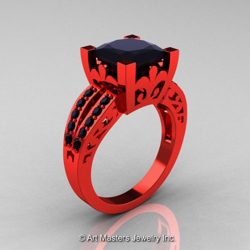 Art Masters R222 French 14K Red Gold 3.8 Carat Princess Black Diamond Solitaire Ring 14KREGBD-1
