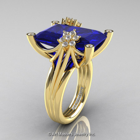 Art Masters Modern 10K Yellow Gold 15.0 Ct Blue Sapphire Diamond Fantasy Cocktail Ring R292-10KYGDBS-1