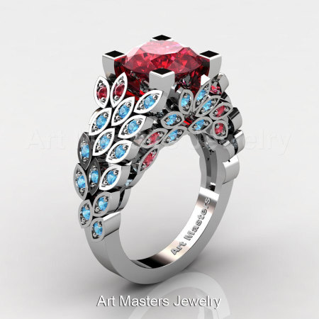 Art Masters Nature Inspired 14K White Gold 3.0 Ct Rubies Blue Topaz Engagement Ring Wedding Ring R299-14KWGBTR-1