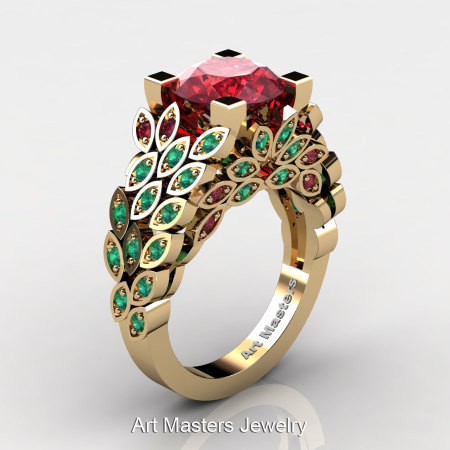 Art Masters Nature Inspired 14K Yellow Gold 3.0 Ct Rubies Emerald Engagement Ring Wedding Ring R299-14KYGEMR-1