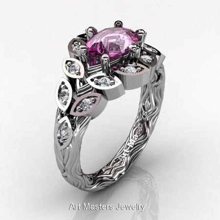 Art Masters Nature Inspired 14K White Gold 1.0 Ct Oval Pink Sapphire Diamond Leaf and Vine Solitaire Ring R267-14KWGDPS-1