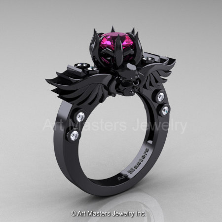 Art Masters Classic Winged Skull 14K Black Gold 1.0 Ct Pink Sapphire Diamond Solitaire Engagement Ring R613-14KBGDPS-1