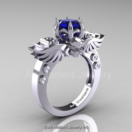 Art Masters Classic Winged Skull 14K White Gold 1.0 Ct Royal Blue Sapphire Diamond Solitaire Engagement Ring R613-14KWGDBS-1