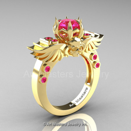 Art Masters Classic Winged Skull 10K Yellow Gold 1.0 Ct Pink Sapphire Solitaire Engagement Ring R613-10KYGPS-1