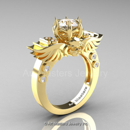 Art Masters Classic Winged Skull 10K Yellow Gold 1.0 Ct White CZ Solitaire Engagement Ring R613-10KYGCZ-1
