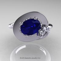 Art Nouveau 14K White Gold Oval 1.0 Ct Royal Blue Sapphire Diamond Nature Inspired Engagement Ring R296-14KWGDBS-1