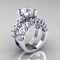 Modern Vintage 14K White Gold 3.0 Ct White Sapphire Designer Wedding Ring Bridal Set R142S-14KWGWS-1