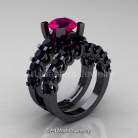 Modern Vintage 14K Black Gold 3.0 Ct Rose Ruby Black Diamond Designer Wedding Ring Bridal Set R142S-14KBGBDRR-1