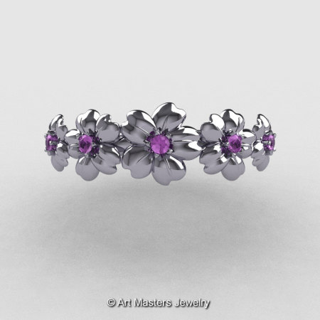 Summer Collection 14K White Gold Lilac Amethyst Five Petal Flower Wedding Band NN109B-14KWGLAM-1