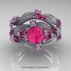 Nature Classic 14K White Gold 1.0 Ct Pink Sapphire Leaf and Vine Engagement Ring Wedding Band Set R340SS-14KWGPS-2