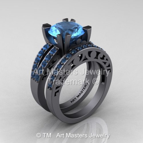 Modern Vintage 14K Gray Gold 3.0 Carat Light Aquamarine Solitaire and Wedding Ring Bridal Set R102S-14KGGAQ-1