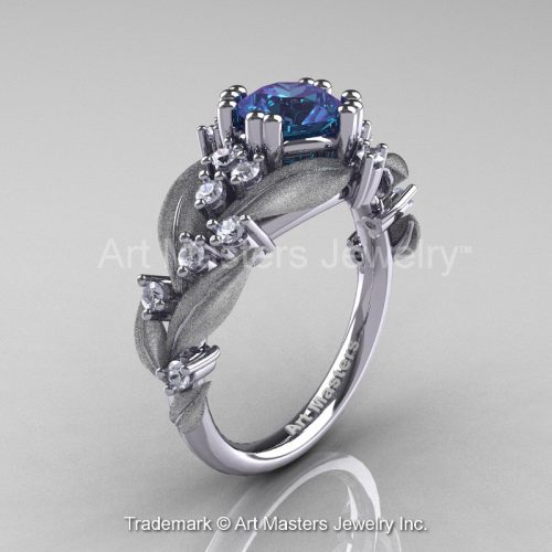 Nature Classic 14K White Gold 2.0 Ct Alexandrite Diamond Leaf and Vine Engagement Ring R340S-14KWGD2AL-1