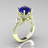 Classic French 14K Green Gold 3.0 Ct Royal Blue Sapphire Diamond Solitaire Wedding Ring R401-14KGRGDBS-1