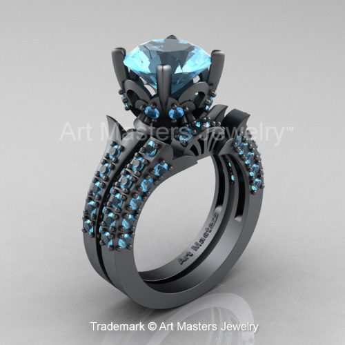 Classic French 14K Grey Gold 3.0 Ct Aquamarine Solitaire Wedding Ring Wedding Band Set R401S-14KGGAQ-1